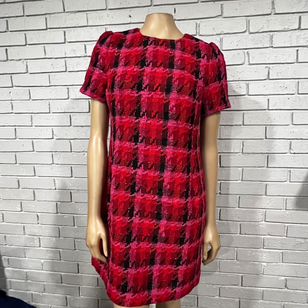 Ann Taylor Pink Red Houndstooth Tweed Petite Shift Dress Workwear Preppy NWT 8P